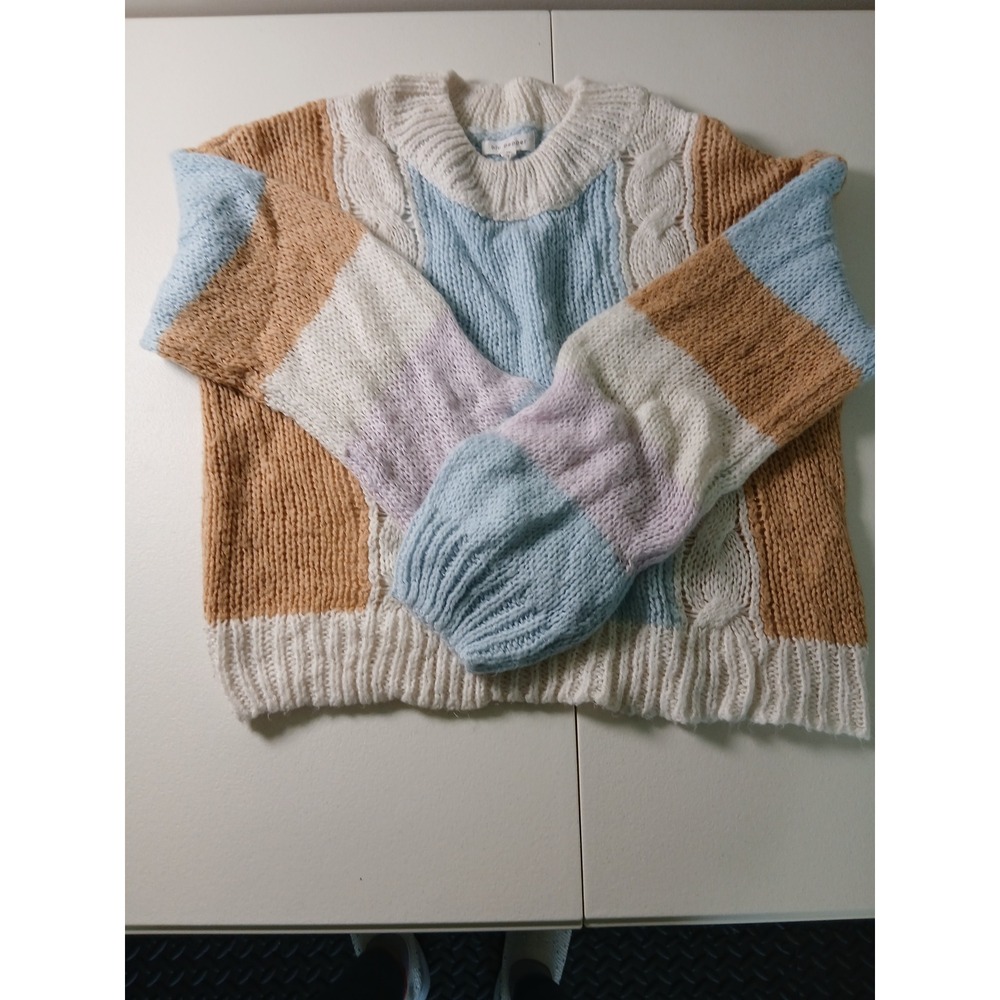 Blu Pepper Womens Colorblock Cable Knit Sweater Blue Tan White Size M B2ST1026